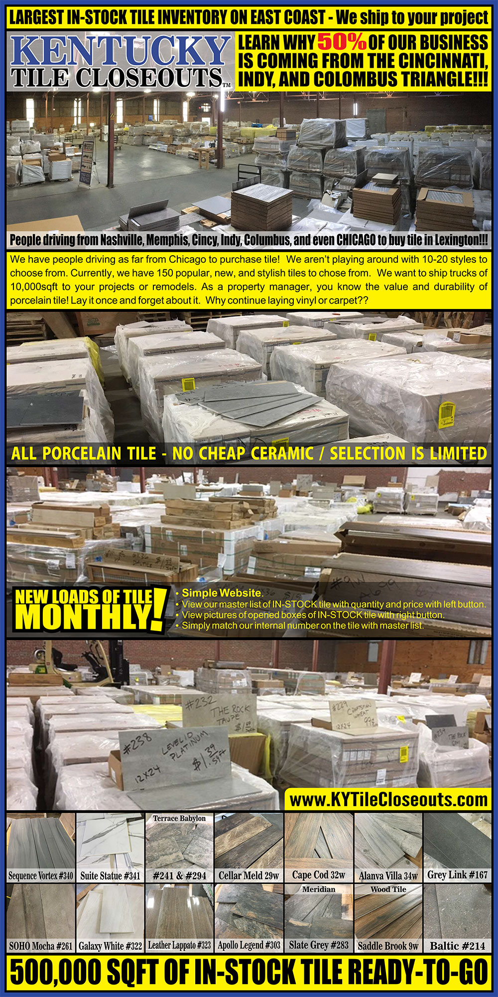 KY Tile Warehouse sells discounted, discontinued, excess, and tile seconds